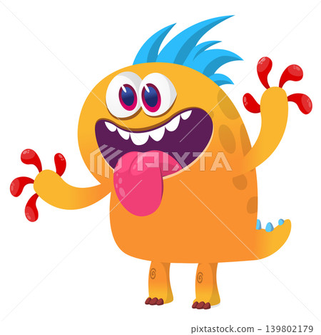 Cartoon scary monster with funny face expression waving hands . Vector illustration isolated on white. Halloween design 139802179