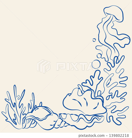 Hand-drawn decorative frame with jellyfish, corals and shells in line art doodle style for vacation vibe projects or event decor 139802218