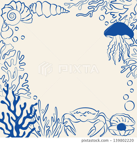 Hand-drawn decorative frame with jellyfish, coral and shells in line art doodle style for vacation vibe projects or event decor 139802220
