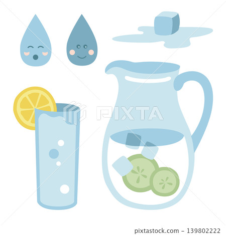 Hand-drawn illustrations about drinking water benefit, glass of water with lemon, jar of pure water and cute cartoon water drops Hand-drawn illustrations about drinking water benefit, glass of water with lemon, jar of pure water and cute cartoon water drops 139802222