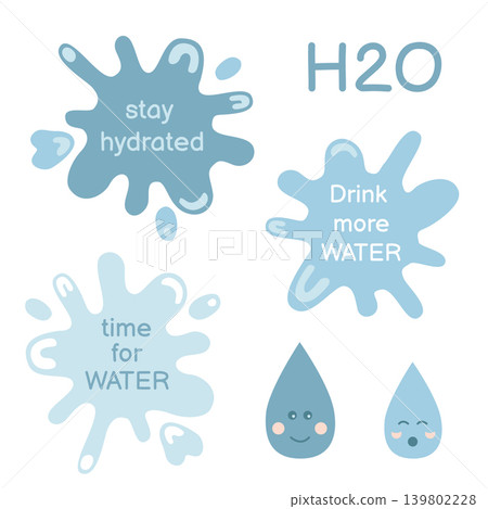 Hand-drawn illustrations for drinking more water motivation, water splash and cute smiling drops, text reminder to drink water Hand-drawn illustrations for drinking more water motivation, water splash and cute smiling drops, text reminder to drink water 139802228