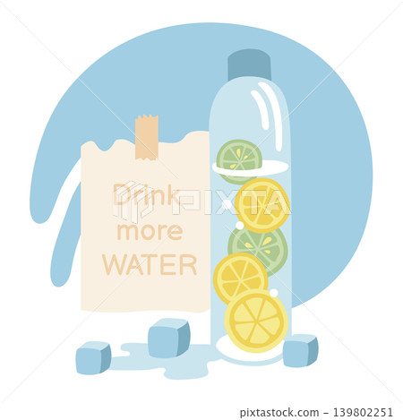 Hand-drawn drink more water banner with ice and bottle of pure water with lime and lemon slices for healthcare, medicine or sport Hand-drawn drink more water banner with ice and bottle of pure water with lime and lemon slices for healthcare, medicine or sport 139802251