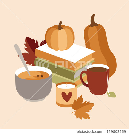 Hand-drawn autumn composition of pumpkin, pumpkin soup, maple leaves, books, tea for packaging, seasonal or special offer Hand-drawn autumn composition of pumpkin, pumpkin soup, maple leaves, books, tea for packaging, seasonal or special offer 139802269