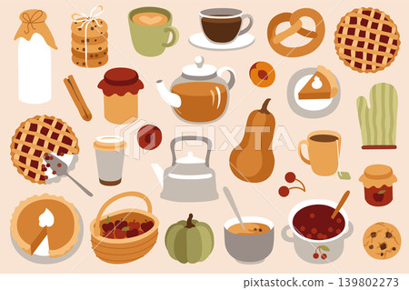 Hand-drawn illustrations of cottage core food, homemade cookies, tea, coffee, pumpkin and cherry pie, jam for packaging, menu 139802273