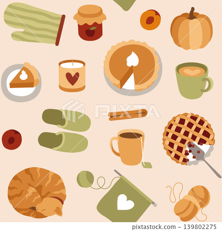 Hand-drawn autumn seamless pattern made of cozy cat, pumpkin and cherry pie, knitting for fall cozy projects, seasonal background Hand-drawn autumn seamless pattern made of cozy cat, pumpkin and cherry pie, knitting for fall cozy projects, seasonal background 139802275