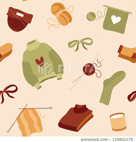 Hand-drawn autumn knitting seamless pattern made of bow, sweater, threads, knitting needles in warm colors for packaging, textile 139802278