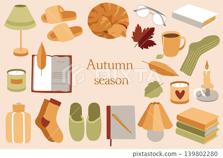 Hand-drawn autumn clip art set of illustrations, maple leaf, cat, warm socks, books for fall vibes cozy cottage core projects Hand-drawn autumn clip art set of illustrations, maple leaf, cat, warm socks, books for fall vibes cozy cottage core projects 139802280