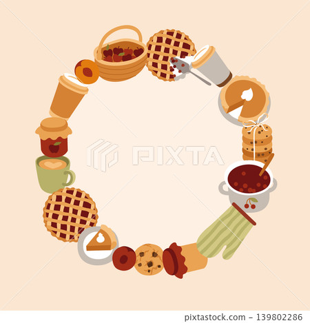 Hand-drawn cozy autumn wreath made of pumpkin and cherry pie, jam and fruits, comfort homemade food for packaging, menu, cafe Hand-drawn cozy autumn wreath made of pumpkin and cherry pie, jam and fruits, comfort homemade food for packaging, menu, cafe 139802286