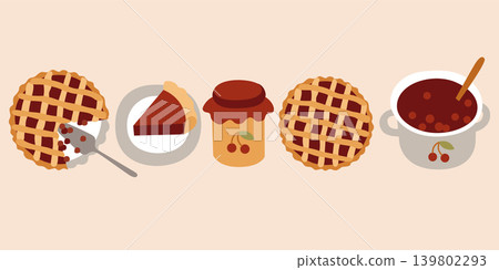 Hand-drawn autumn food illustrations of cherry pie and cherry jam cooking process for packaging, seasonal menu, fall cozy clip art 139802293