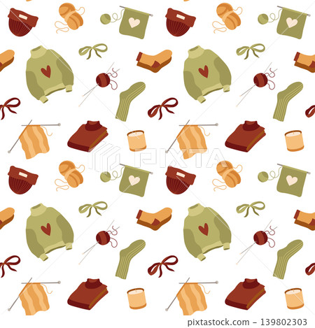 Hand-drawn autumn knitting seamless pattern made of bow, sweater, threads, knitting needles in warm colors for packaging Hand-drawn autumn knitting seamless pattern made of bow, sweater, threads, knitting needles in warm colors for packaging 139802303