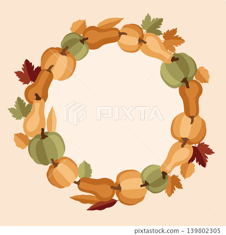 Hand-drawn autumn round wreath made of pumpkins and maple leaves for packaging, seasonal menu, fall projects Hand-drawn autumn round wreath made of pumpkins and maple leaves for packaging, seasonal menu, fall projects 139802305