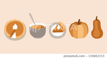 Hand-drawn autumn food illustrations of pumpkin pie, pumpkins and pumpkin soup for packaging, seasonal menu, cafe branding Hand-drawn autumn food illustrations of pumpkin pie, pumpkins and pumpkin soup for packaging, seasonal menu, cafe branding 139802313