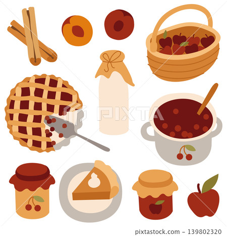 Hand-drawn cozy food illustrations of pumpkin and cherry pie, jam and fruits, comfort homemade food for packaging, menu, cafe Hand-drawn cozy food illustrations of pumpkin and cherry pie, jam and fruits, comfort homemade food for packaging, menu, cafe 139802320