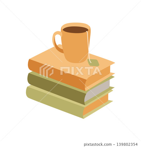 Hand-drawn cozy autumn illustration of books and tea for book lovers, book club, packaging and fall vibes cozy projects 139802354