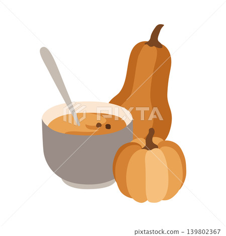 Hand-drawn illustration of autumn colorful pumpkins and pumpkin soup for packaging, seasonal menu, cafe or special offer Hand-drawn illustration of autumn colorful pumpkins and pumpkin soup for packaging, seasonal menu, cafe or special offer 139802367