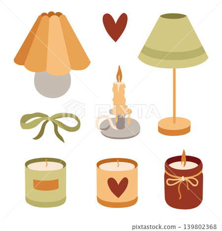 Hand-drawn autumn cozy seasonal interior decor illustrations, candles, table lamps, bow for packaging and fall vibes cozy projects Hand-drawn autumn cozy seasonal interior decor illustrations, candles, table lamps, bow for packaging and fall vibes cozy projects 139802368