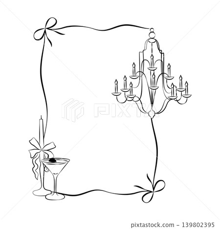 Hand-drawn frame card template with candle, bows, cocktail, vintage chandelier graphic illustration for wedding decor, cards, menu Hand-drawn frame card template with candle, bows, cocktail, vintage chandelier graphic illustration for wedding decor, cards, menu 139802395