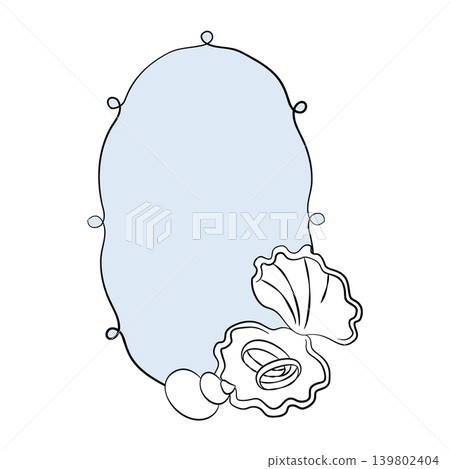 Hand-drawn frame card template with seashells and wedding rings graphic illustration for wedding decor, cards, menu, invitation 139802404