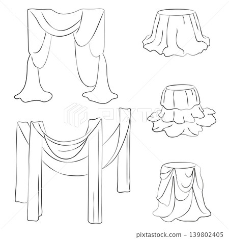 Hand-drawn wedding decor elements, round banquet tables and backdrop drapery, for card or invitation, menu, party decor 139802405