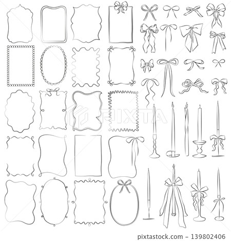 Hand-drawn collection of decorative festive frames, bows and candles for product design, wedding decor, menu, cards, invitation 139802406
