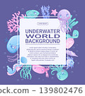 Colorful background with cute cartoon sea animals. Whale, jellyfish, octopus, fish, seahorse, turtle, crab, star. Children's vector illustration for the design of poster, flyer, postcard, invitation 139802476