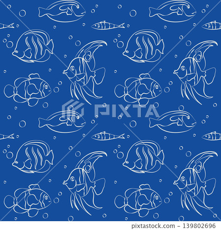 Hand-drawn seamless pattern with sea reef tropical fish, blue tang, clownfish in line art doodle style for seaside vacation events Hand-drawn seamless pattern with sea reef tropical fish, blue tang, clownfish in line art doodle style for seaside vacation events 139802696