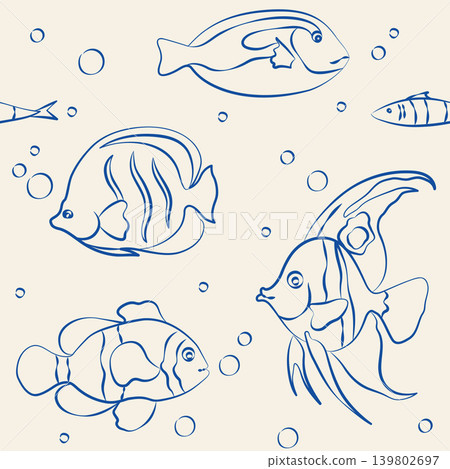 Hand-drawn seamless pattern with sea reef tropical fish, blue tang, clownfish in line art doodle style for seaside vacation design Hand-drawn seamless pattern with sea reef tropical fish, blue tang, clownfish in line art doodle style for seaside vacation design 139802697