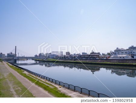 A river flowing through the city and a promenade; a bridge in the distance and a blue sky. 139802958