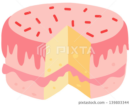 Birthday cake illustration cute pastel pink dessert with slice and red sprinkles Birthday cake illustration cute pastel pink dessert with slice and red sprinkles 139803344