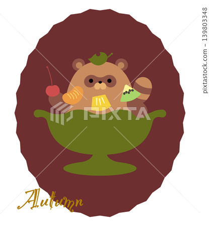 Illustration of a raccoon dog in autumn and a fruit parfait 139803348
