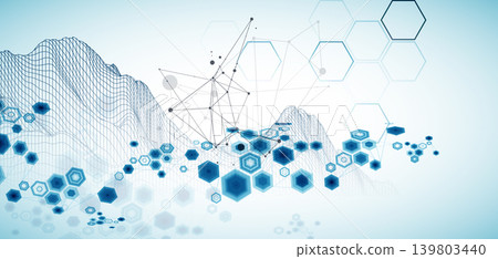 Abstract science background with hexagons and wireframe mountains. Vector art illustration. Abstract science background with hexagons and wireframe mountains. Vector art illustration. 139803440