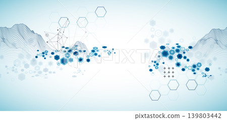 Abstract science background with hexagons and wireframe mountains. Vector art  illustration. 139803442