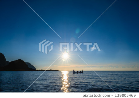 Taiwan, Lanyu - A panoramic view of Dongqing Bay in 2026, Dalu tribe's traditional pin boat station on Etuushi Beach Taiwan, Lanyu - A panoramic view of Dongqing Bay in 2026, Dalu tribe's traditional pin boat station on Etuushi Beach 139803469