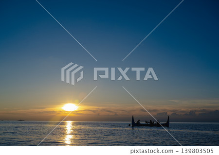 Taiwan, Lanyu - A panoramic view of Dongqing Bay in 2026, Dalu tribe's traditional pin boat station on Etuushi Beach Taiwan, Lanyu - A panoramic view of Dongqing Bay in 2026, Dalu tribe's traditional pin boat station on Etuushi Beach 139803505