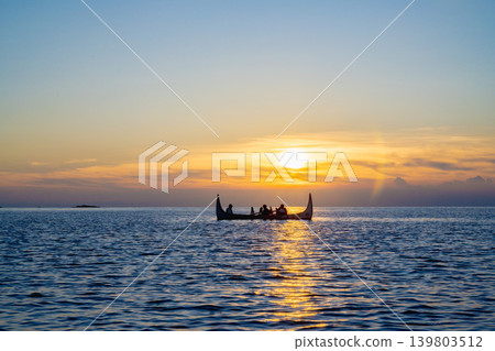 Taiwan, Lanyu - A panoramic view of Dongqing Bay in 2026, Dalu tribe's traditional pin boat station on Etuushi Beach Taiwan, Lanyu - A panoramic view of Dongqing Bay in 2026, Dalu tribe's traditional pin boat station on Etuushi Beach 139803512