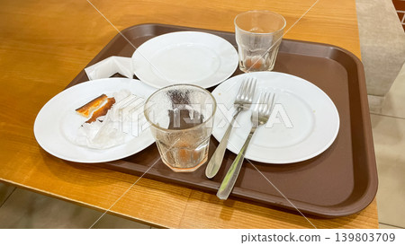 A brown plastic tray with dirty empty dishes, used glasses, forks, and food leftovers on a wooden table after a meal A brown plastic tray with dirty empty dishes, used glasses, forks, and food leftovers on a wooden table after a meal 139803709