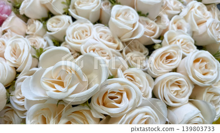 Elegant background of dense artificial white rose blossoms with delicate cream petals in close up Elegant background of dense artificial white rose blossoms with delicate cream petals in close up 139803733