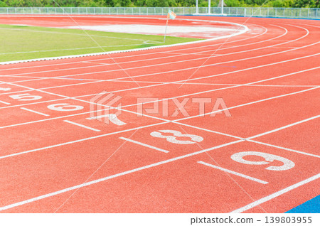 Athletics Running Track, Red Stadium Tracks, Sports Field Background Athletics Running Track, Red Stadium Tracks, Sports Field Background 139803955