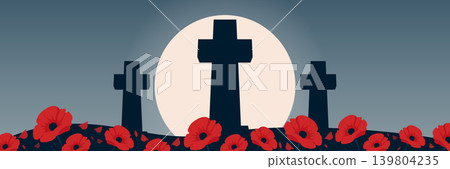Remembrance day banner with graves silhouettes and red poppy flowers vector illustration. 139804235