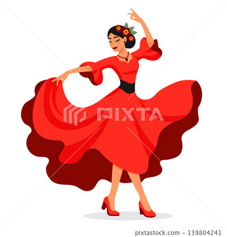 Beautiful flamenco dancing woman in red traditional dress isolated vector illustration. 139804241