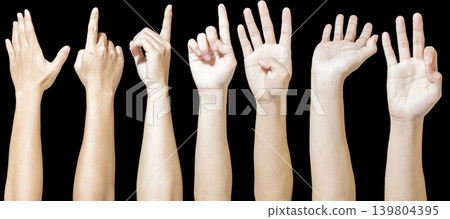 Human hands counting from zero to five on black background. Business and Education Concept. Isolated Hand. High quality photo Human hands counting from zero to five on black background. Business and Education Concept. Isolated Hand. High quality photo 139804395