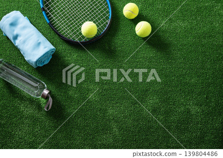 Tennis equipment with racket balls towel and water bottle on green court Tennis equipment with racket balls towel and water bottle on green court 139804486