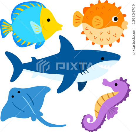Colorful Cartoon Fish and Shark Collection with Seahorse and Stingray Illustration Colorful Cartoon Fish and Shark Collection with Seahorse and Stingray Illustration 139804769