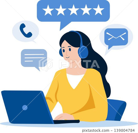 Close-up of a woman working at a laptop computer with headphones, chat bubbles, and review icons for customer support and online communication Close-up of a woman working at a laptop computer with headphones, chat bubbles, and review icons for customer support and online communication 139804784