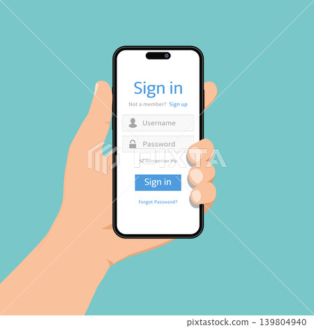 Smartphone with login and password form page on screen. Sign in form page. Smartphone with login and password form page on screen. Sign in form page. 139804940