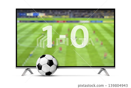 Modern smart tv with live soccer match result on the screen and soccer ball isolated on white background Modern smart tv with live soccer match result on the screen and soccer ball isolated on white background 139804943