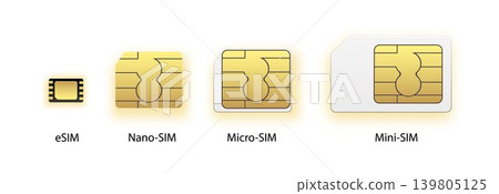 eSIM Embedded SIM card icon symbol concept. new chip mobile cellular communication technology. set SIM-cards for mobile devices with chip. vector illustration eSIM Embedded SIM card icon symbol concept. new chip mobile cellular communication technology. set SIM-cards for mobile devices with chip. vector illustration 139805125