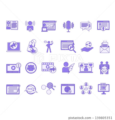 Colored Blogger Icon Set. Vector Icon Social Media, Digital Marketing, Influencer, Monetization, Podcasting, Website, Blogging, Niche, Branding, Comments, and Other Colored Blogger Icon Set. Vector Icon Social Media, Digital Marketing, Influencer, Monetization, Podcasting, Website, Blogging, Niche, Branding, Comments, and Other 139805351