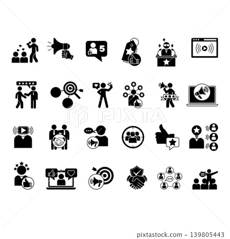 Glyph Influencer Icon Set. Vector Illustrations Follower, Promote, Broadcast, Recommend, Celebrity, Marketing, Content Creator, Social Media, Review, Influence, Niche, and More Glyph Influencer Icon Set. Vector Illustrations Follower, Promote, Broadcast, Recommend, Celebrity, Marketing, Content Creator, Social Media, Review, Influence, Niche, and More 139805443