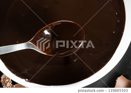 Top view of dessert bowl with liquid chocolate. Top view of dessert bowl with liquid chocolate. 139805503